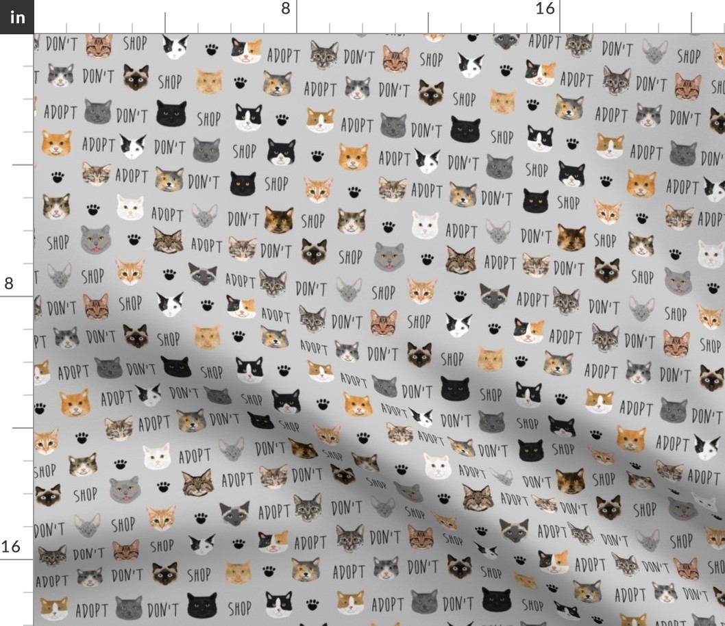adopt don't shop cat fabric - rescue cat fabric , cat adoption fabric, cats -grey