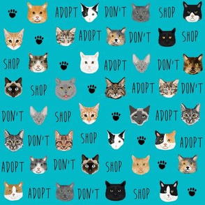 adopt don't shop cat fabric - rescue cat fabric , cat adoption fabric, cats - teal