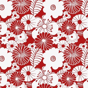 Flower Bursts Drawing in Off-white and Red