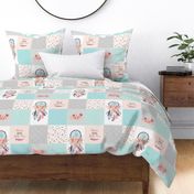 Dream Catcher Blanket Panel – Feathers & Flowers Cheater Quilt, Dream Big Little One, Aqua Mint Gray Blush, Design E