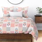 Girls Dream Catcher Cheater Quilt – Feathers & Flowers Blanket Panel, Dream Big Little One, Peach Gray Pink, Design A