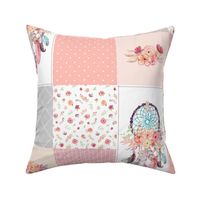 Girls Dream Catcher Cheater Quilt – Feathers & Flowers Blanket Panel, Dream Big Little One, Peach Gray Pink, Design A