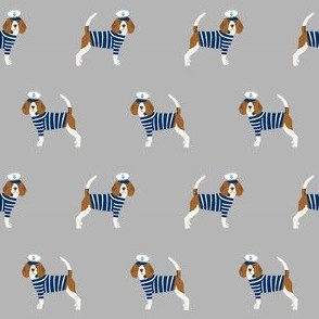 beagle nautical fabric - sailor dog fabric, navy and white stripes fabric, navy and white sailor dog - grey
