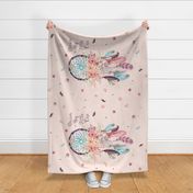 Dream Catcher Blanket Panel, Dream Big Little One, baby pink linen w/ feathers + flowers