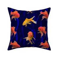 Dark Blue Underwater Experience, Colourful Bright Orange Gold Fish, Swimming Goldfish Under The Sea Weed, Vibrant Aquatic Ocean Scene