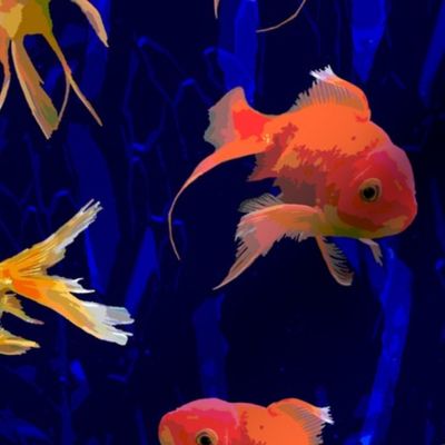 Dark Blue Underwater Experience, Colourful Bright Orange Gold Fish, Swimming Goldfish Under The Sea Weed, Vibrant Aquatic Ocean Scene