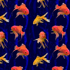 Dark Blue Underwater Experience, Colourful Bright Orange Gold Fish, Swimming Goldfish Under The Sea Weed, Vibrant Aquatic Ocean Scene