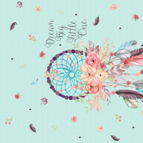 Dream Catcher Blanket Panel, Dream Big Little One, crystal blue linen w/ feathers + flowers