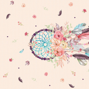 Dream Catcher Blanket Panel, blush linen w/ feathers + flowers