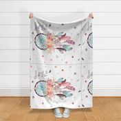 42"x36" Dream Catcher Blanket Panel, Dream Big Little One, white w/ feathers + flowers, SIZED FOR 1 YARD any 42” wide fabric. Printed area is 36” x 42”. 