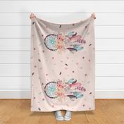 Dream Catcher Blanket Panel, baby pink linen w/ feathers + flowers