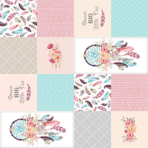 Dream Catcher Blanket Panel – Feathers & Flowers Cheater Quilt, Dream Big Little One, Aqua Gray Pink, Design B ROTATED