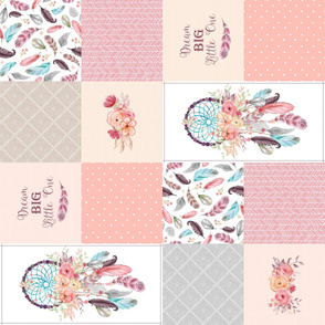 Dream Catcher Cheater Quilt – Feathers & Flowers Blanket Panel, Dream Big Little One, Peach Pink Gray, Design C ROTATED