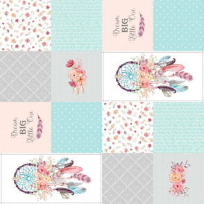 Dream Catcher Blanket Panel – Feathers & Flowers Cheater Quilt, Dream Big Little One, Aqua Mint Gray Blush, Design E ROTATED