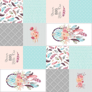 Dream Catcher Cheater Quilt – Feathers & Flowers Blanket Panel, Dream Big Little One, Peach Gray MInt, Design D ROTATED