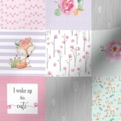 3" BLOCKS- Pink Woodland Animals Baby Girl Quilt Top - Deer Fox - I Woke Up This Cute Patchwork Wholecloth Baby Blanket, Gray Mint Lavender