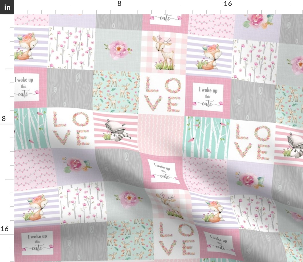 3" BLOCKS- Pink Woodland Animals Baby Girl Quilt Top - Deer Fox - I Woke Up This Cute Patchwork Wholecloth Baby Blanket, Gray Mint Lavender