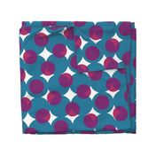 enormous halftone dots in moody teal, purple and pink