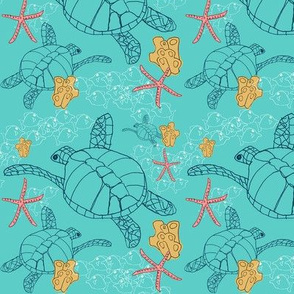 Sea Turtles with Starfish on Aqua