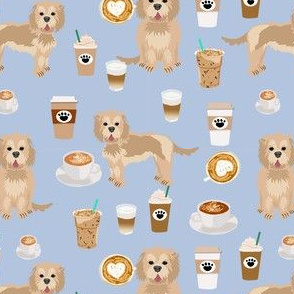 cockapoo coffees fabric - coffee and dogs fabric, tan cockapoo fabric, dog coffee fabric, dog lover, coffee lover fabric -  blue