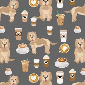 cockapoo coffees fabric - coffee and dogs fabric, tan cockapoo fabric, dog coffee fabric, dog lover, coffee lover fabric - grey