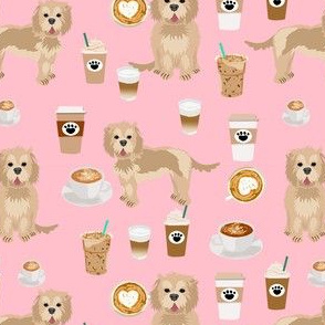 cockapoo coffees fabric - coffee and dogs fabric, tan cockapoo fabric, dog coffee fabric, dog lover, coffee lover fabric - pink