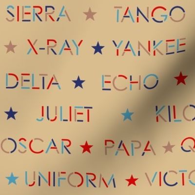 Nautical alphabet in 1940s colors on taupe