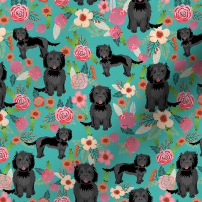 cockapoo floral fabric - black cockapoo fabric, dog fabric, dogs and florals fabric, dog floral design, cute dog - floral pattern, dogs -  teal