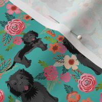 cockapoo floral fabric - black cockapoo fabric, dog fabric, dogs and florals fabric, dog floral design, cute dog - floral pattern, dogs -  teal