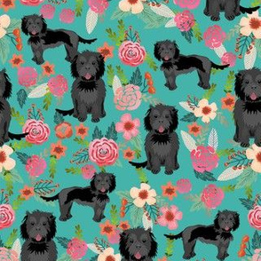 cockapoo floral fabric - black cockapoo fabric, dog fabric, dogs and florals fabric, dog floral design, cute dog - floral pattern, dogs -  teal