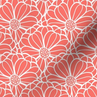 Coral hand drawn flowers in fish scale look overlapping