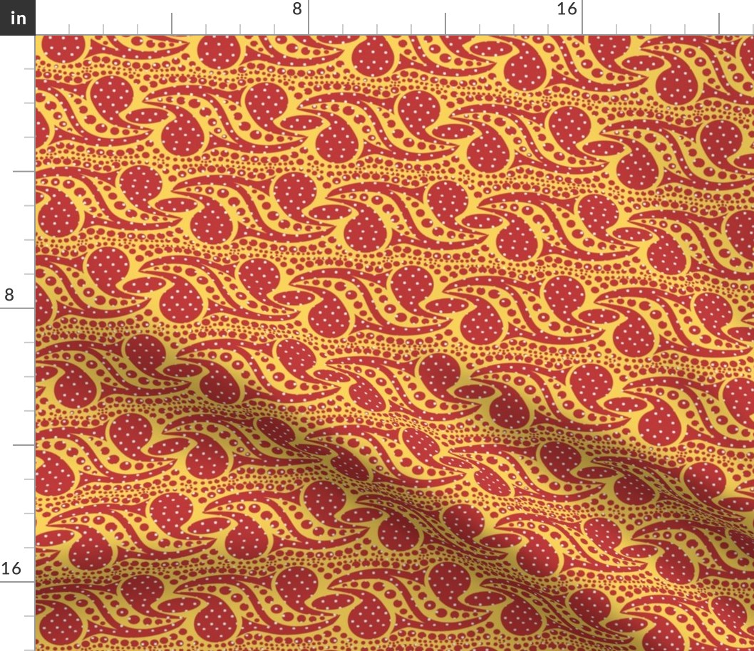 Bohemian Paisley Stripe in Red and Yellow with White Dots
