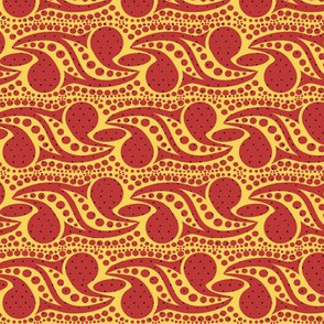 Bohemian Paisley Stripe in Red and Yellow with Black Dots