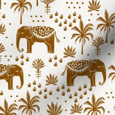 elephant house - interior design fabric, home decor fabric, elephant, palm trees, block print fabric, block printed wallpaper, andrea lauren fabric - cream