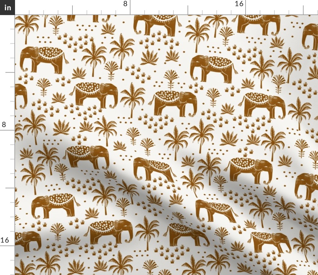 elephant house - interior design fabric, home decor fabric, elephant, palm trees, block print fabric, block printed wallpaper, andrea lauren fabric - cream