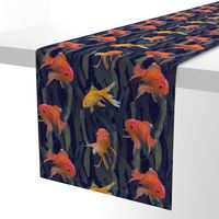 Midnight Blue Goldfish, Swimming Orange Gold Fish, Dark Under The Sea Aquatic Pond Life