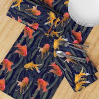 Midnight Blue Goldfish, Swimming Orange Gold Fish, Dark Under The Sea Aquatic Pond Life