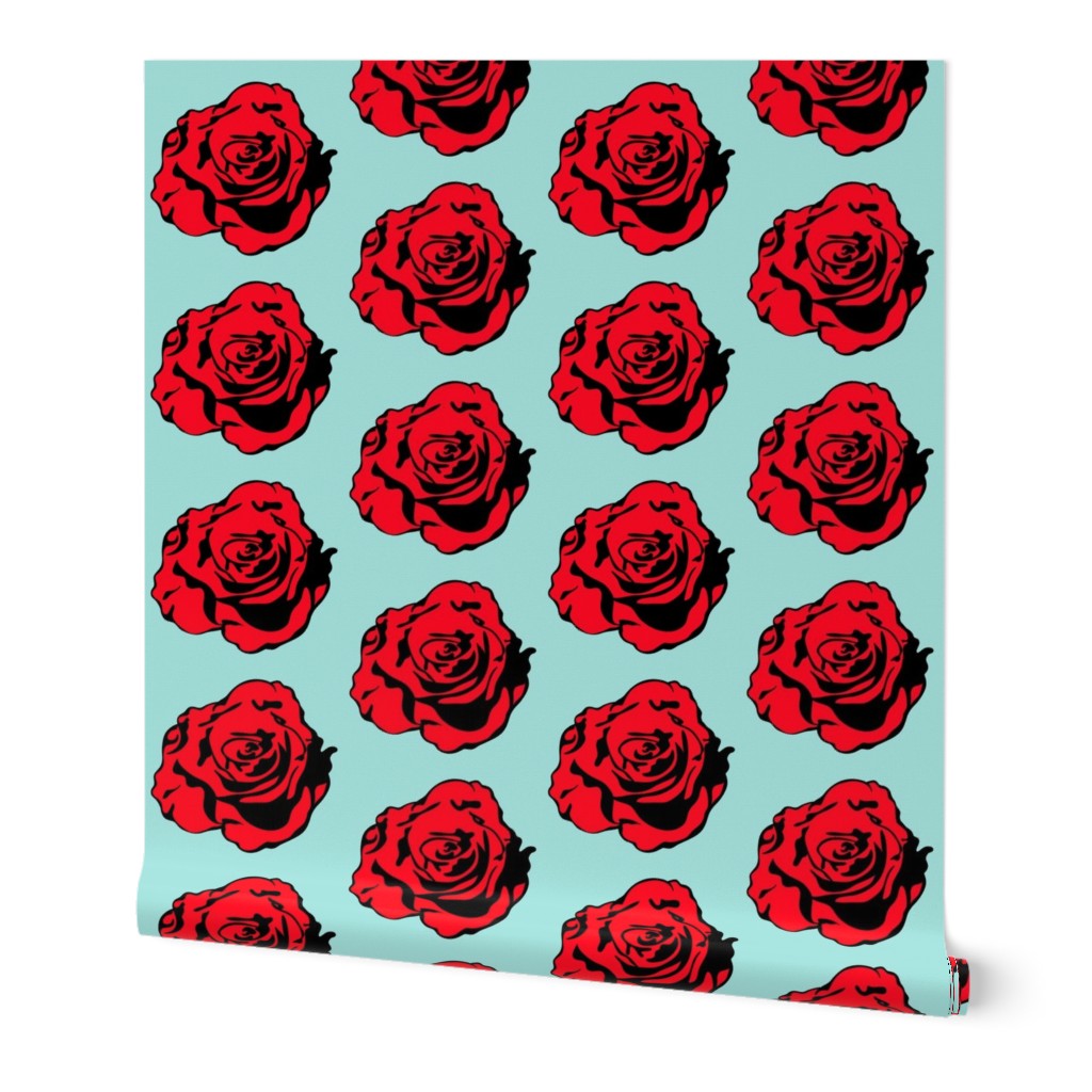 Retro Pop Art Flowers, Modern Large Scale Op Art Vintage Florals, 1950s Comic Book Red Black Rose, Maximalist Rose Living Room Decor, Bright Rose Interior Design, Modern Graphic Red Black Blue Rose Flower Illustration, Medium Large Scale