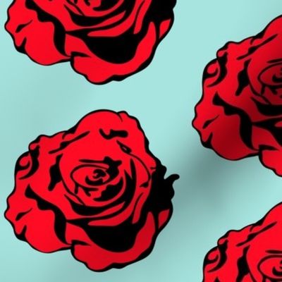 Retro Pop Art Flowers, Modern Large Scale Op Art Vintage Florals, 1950s Comic Book Red Black Rose, Maximalist Rose Living Room Decor, Bright Rose Interior Design, Modern Graphic Red Black Blue Rose Flower Illustration, Medium Large Scale