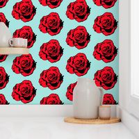 Retro Pop Art Flowers, Modern Large Scale Op Art Vintage Florals, 1950s Comic Book Red Black Rose, Maximalist Rose Living Room Decor, Bright Rose Interior Design, Modern Graphic Red Black Blue Rose Flower Illustration, Medium Large Scale