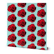 Retro Pop Art Flowers, Modern Large Scale Op Art Vintage Florals, 1950s Comic Book Red Black Rose, Maximalist Rose Living Room Decor, Bright Rose Interior Design, Modern Graphic Red Black Blue Rose Flower Illustration, Medium Large Scale