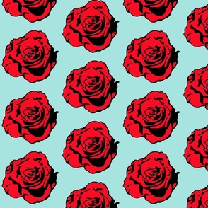 Retro Pop Art Flowers, Modern Large Scale Op Art Vintage Florals, 1950s Comic Book Red Black Rose, Maximalist Rose Living Room Decor, Bright Rose Interior Design, Modern Graphic Red Black Blue Rose Flower Illustration, Medium Large Scale