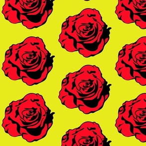 Retro Pop Art Flowers, Modern Large Scale Vintage Florals, 1950s Comic Book Red Black Yellow Rose, Contemporary Graphic Retro Rose Print, Mid Century Floral, Vintage Rose Fabric, Pop Art Rose Design, Comic Book Rose, Red Yellow Black Rose Illustration 
