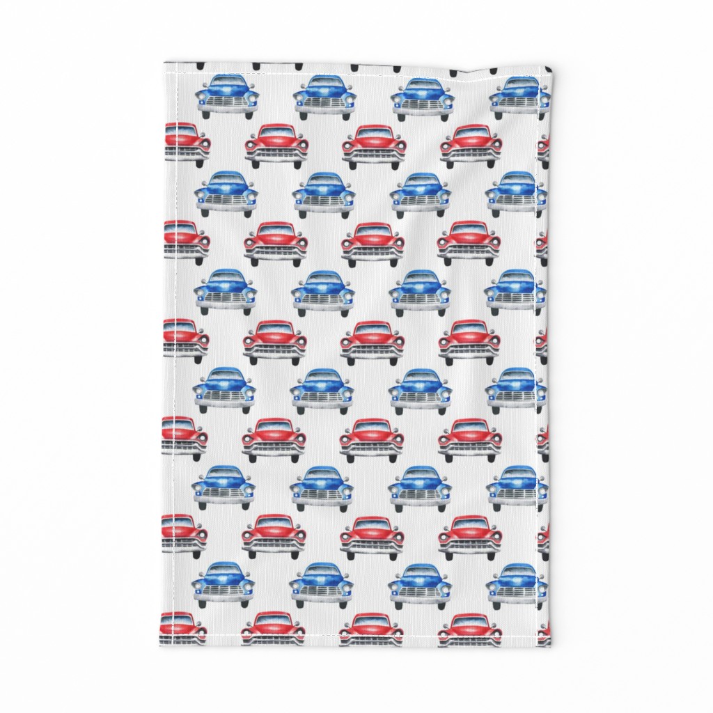 red and blue watercolor oldtimer cars - white