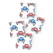 red and blue watercolor oldtimer cars - white