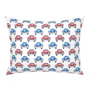 red and blue watercolor oldtimer cars - white