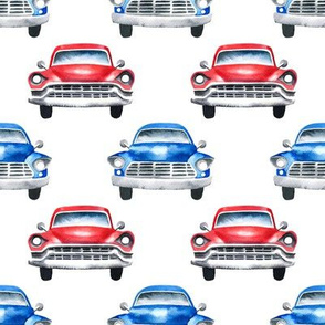 red and blue watercolor oldtimer cars - white