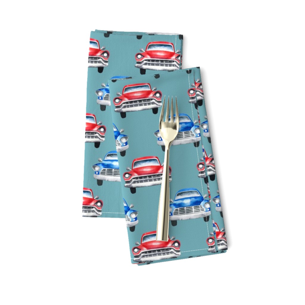 red and blue watercolor oldtimer cars - teal