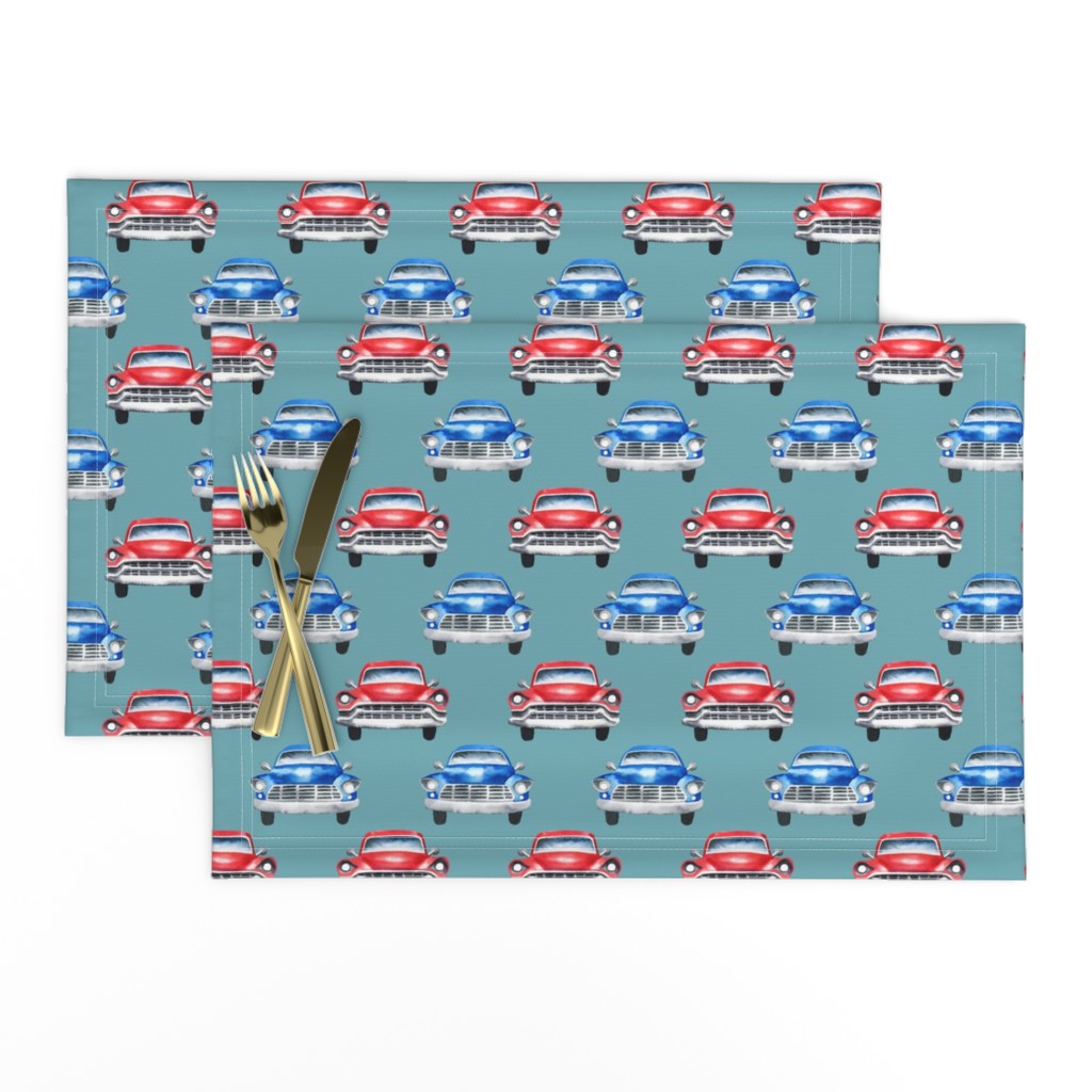 red and blue watercolor oldtimer cars - teal