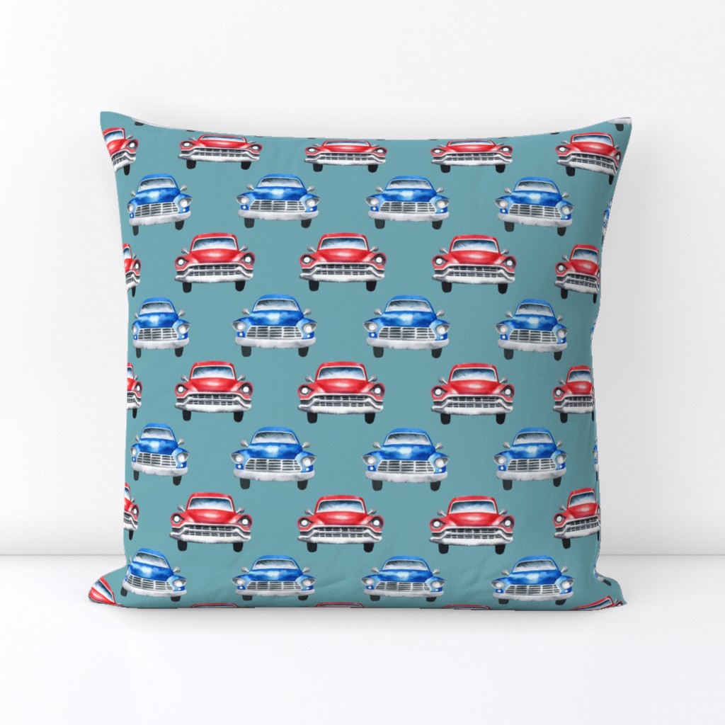 red and blue watercolor oldtimer cars - teal